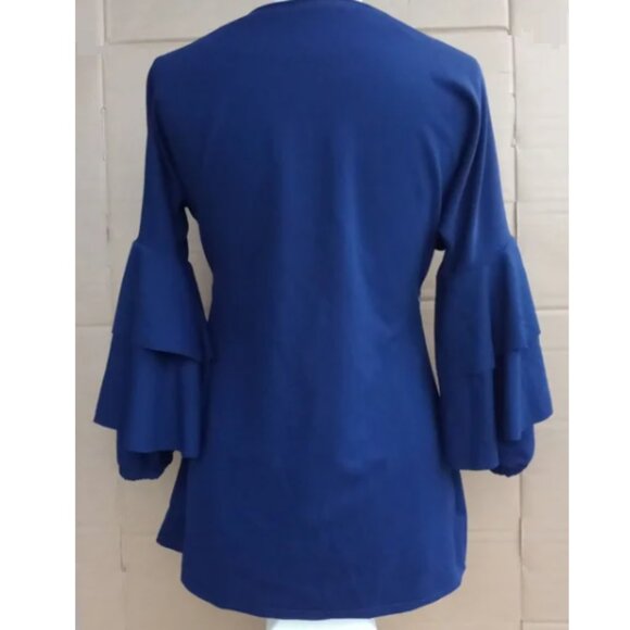 Navy Blue Stretchy Sequined Dressy Traditional Tunic Top with Tiered Bell Sleeve - Picture 3 of 11